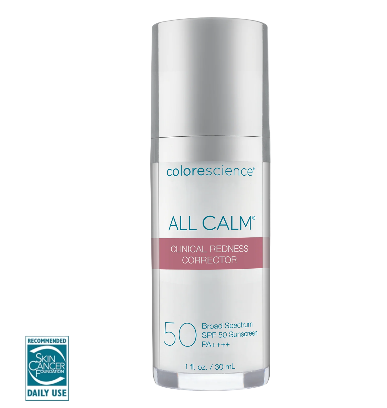 A bottle of Colorescience All Calm Clinical Redness Corrector with the label showing '50% Broad Spectrum SPF' and 'BioSolace'. The product is designed for skincare and appears to be a skin care item, possibly a facial cleanser.