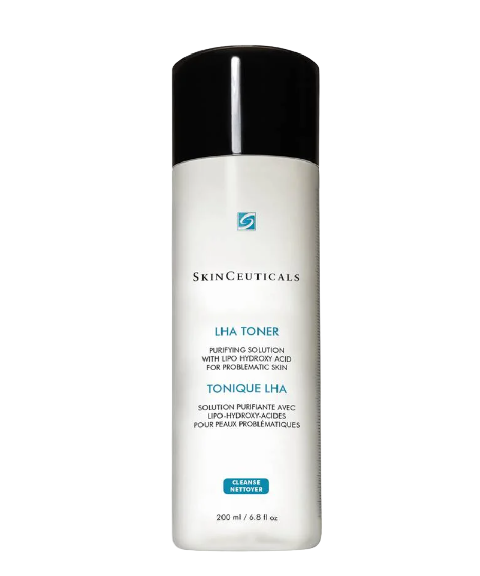 A bottle of Skinceuticals LHA Toner, which is a glycolic acid toner for foaming, with lipo-hydroxy acid, salicylic acid, and urea as ingredients. The packaging is a white bottle with a black cap and a label that includes the product name and details about the product.
