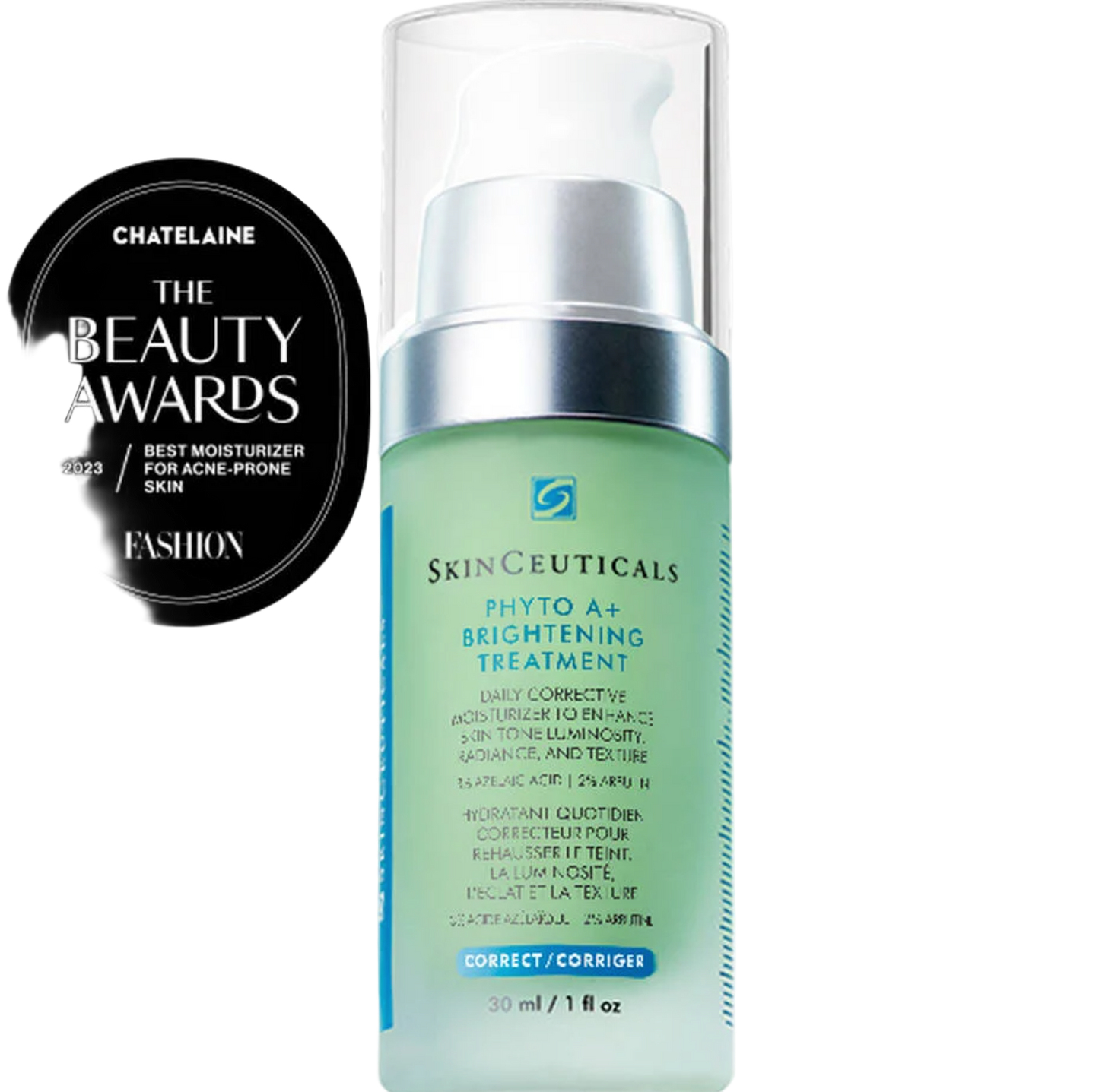 A pump bottle of SkinCeuticals Phyto A+ Brightening Treatment, which is a lightweight moisturizer with a gel-cream texture for brightening skin.