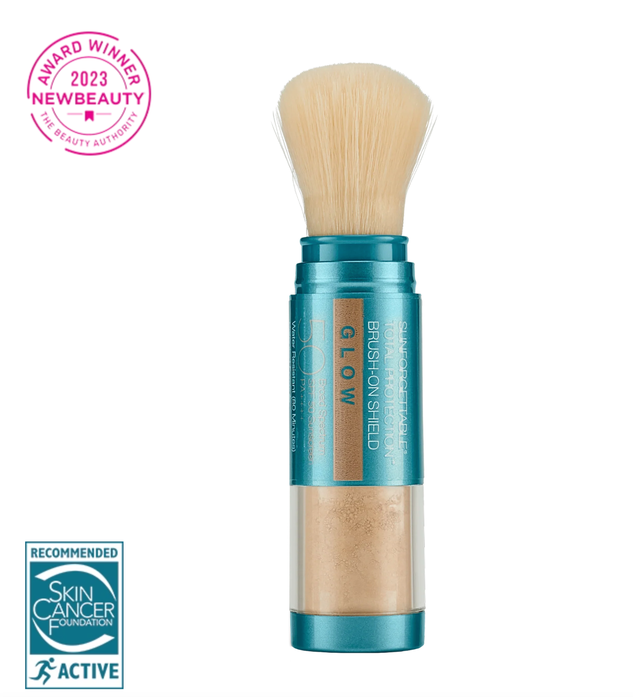 A brush-on sunscreen product with a turquoise dispenser and beige powder housed within, labeled as SPF 50 with a '2023 NewBeauty Award Winner' badge.