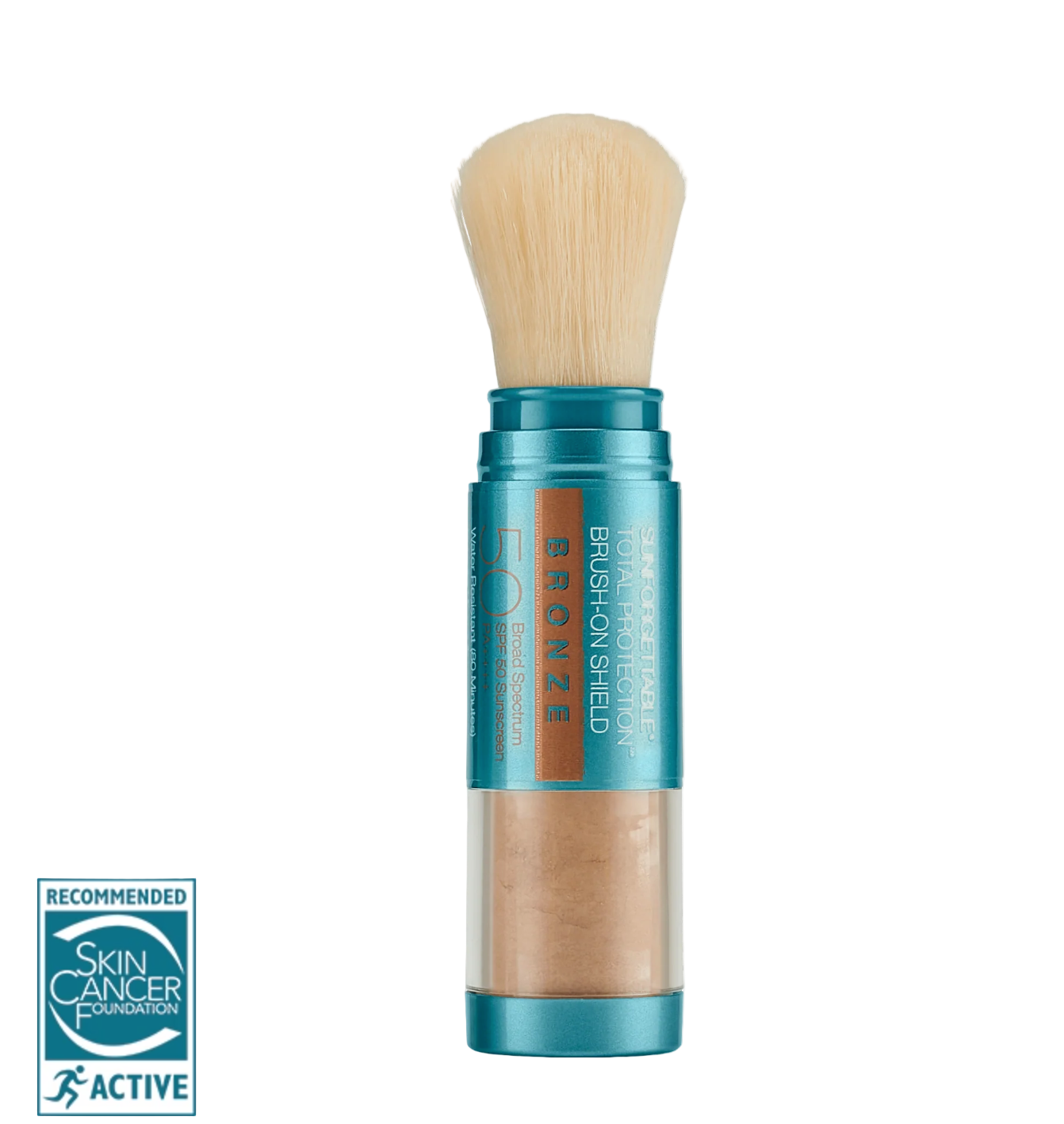 A container of Sunforgettable Brush-On SPF50 with aBronze shade, alongside a brush applicator. The packaging is teal with health-related icons and text.