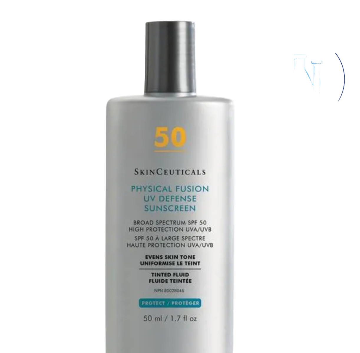 A bottle of SkinCeuticals Physical Fusion UV Defense SPF 50 Tinted Sunscreen, with a label indicating broad spectrum UVA/UVB protection and even skin tone.