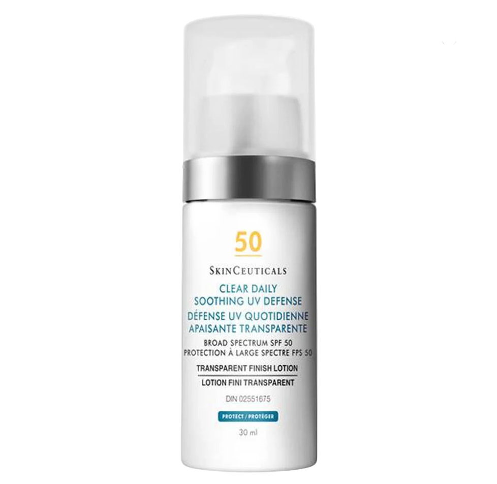 A bottle of SkinCeuticals Clear Daily Soothing UV Defense Sunscreen SPF 50, with a white and transparent packaging design, indicating broad spectrum UVA/UVB protection.